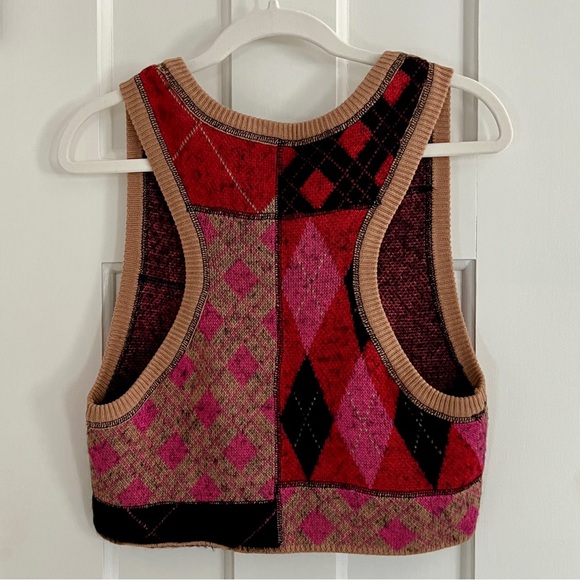 Free People Sweater Vest Tan Black Pink Argyle Cropped Size Small - Picture 5 of 8